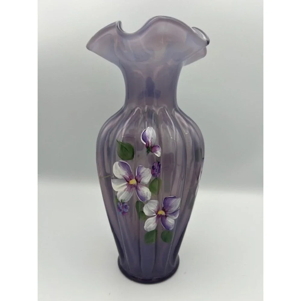 Fenton Lavender Art Glass Vase Hand Painted Floral Ruffled Rim Signed D Robinson